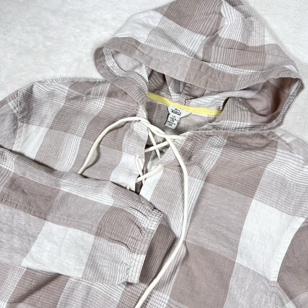 Woolrich Hemp Blend Hoodie Women Large Barnacle Gingham‎ Plaid Lace-Up V-Neck